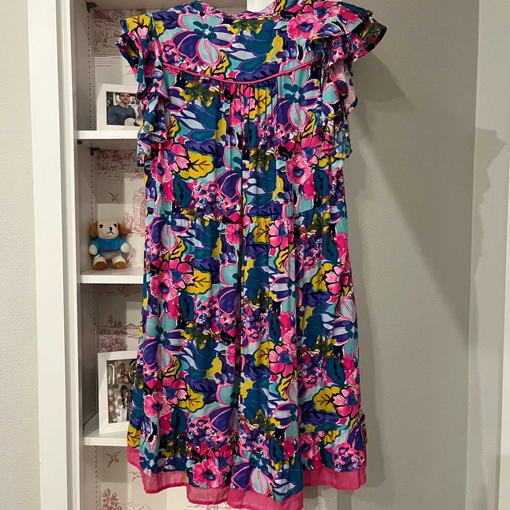 Umgee Pink and Blue Casual Sundress with V-neck Flutter Sleeves - Picture 5 of 6